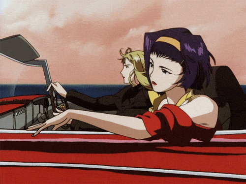 Two girls on a red car. From the anime 'Cowboy Bebop' by Shinichirō Watanabe.