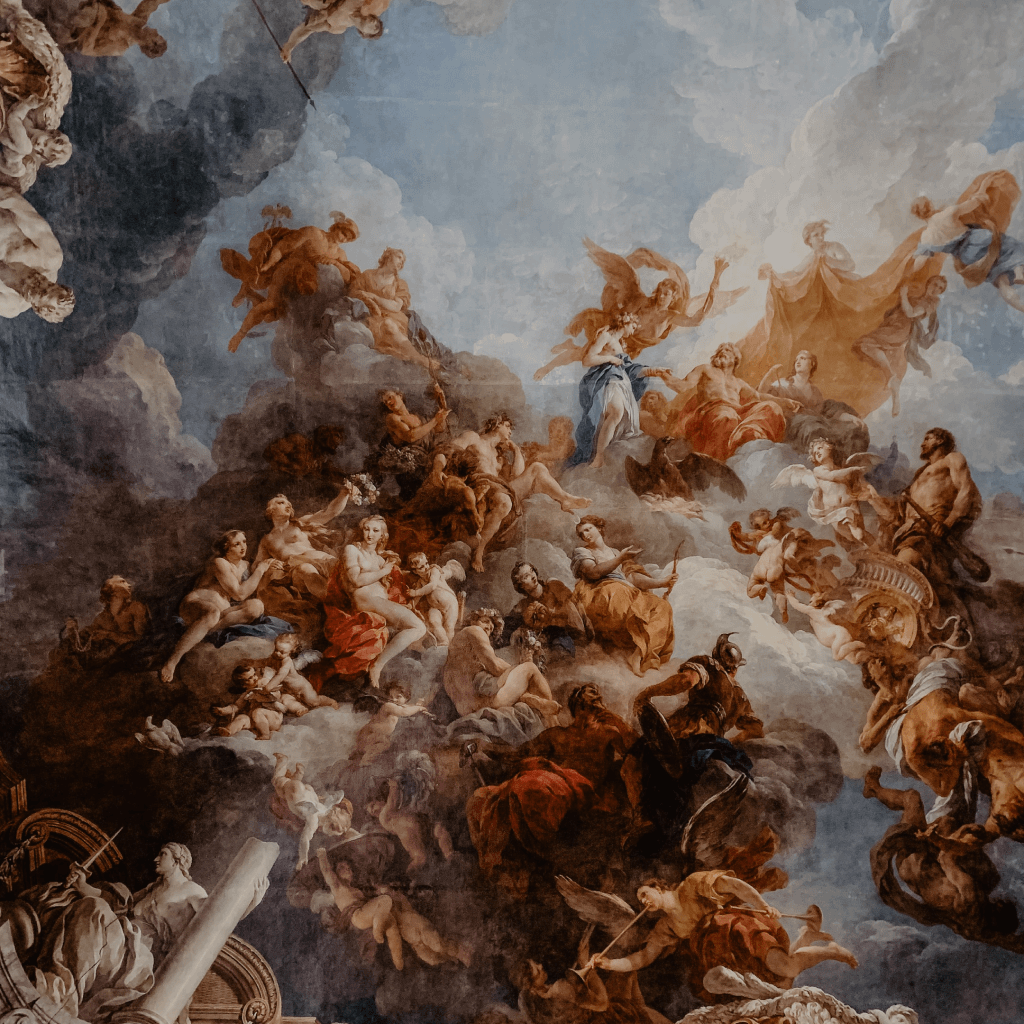 A celestial battle unfolds on the ceiling, as angels and demons clash in a captivating painting. Oil Painting.